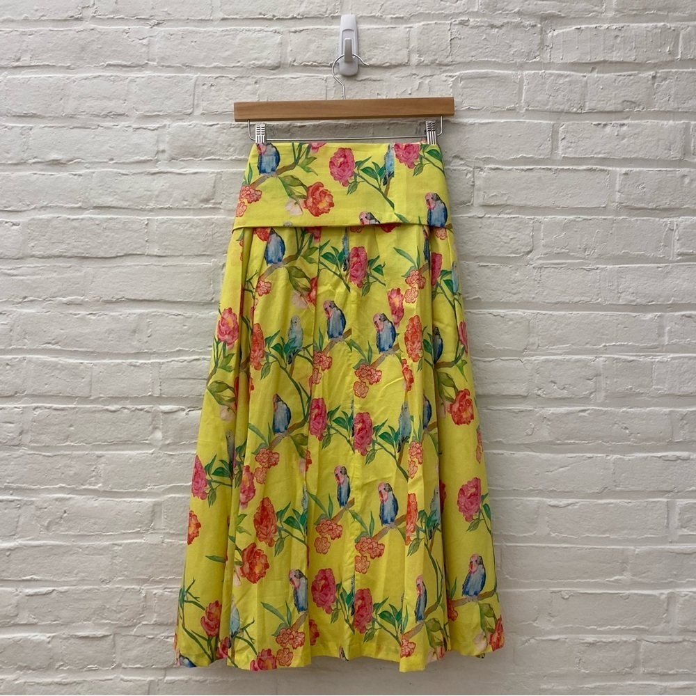 Brooke Wright Designs || Pleated Skirt with Sash Belt Bow Birds Floral Yellow 12 - Picture 6 of 10